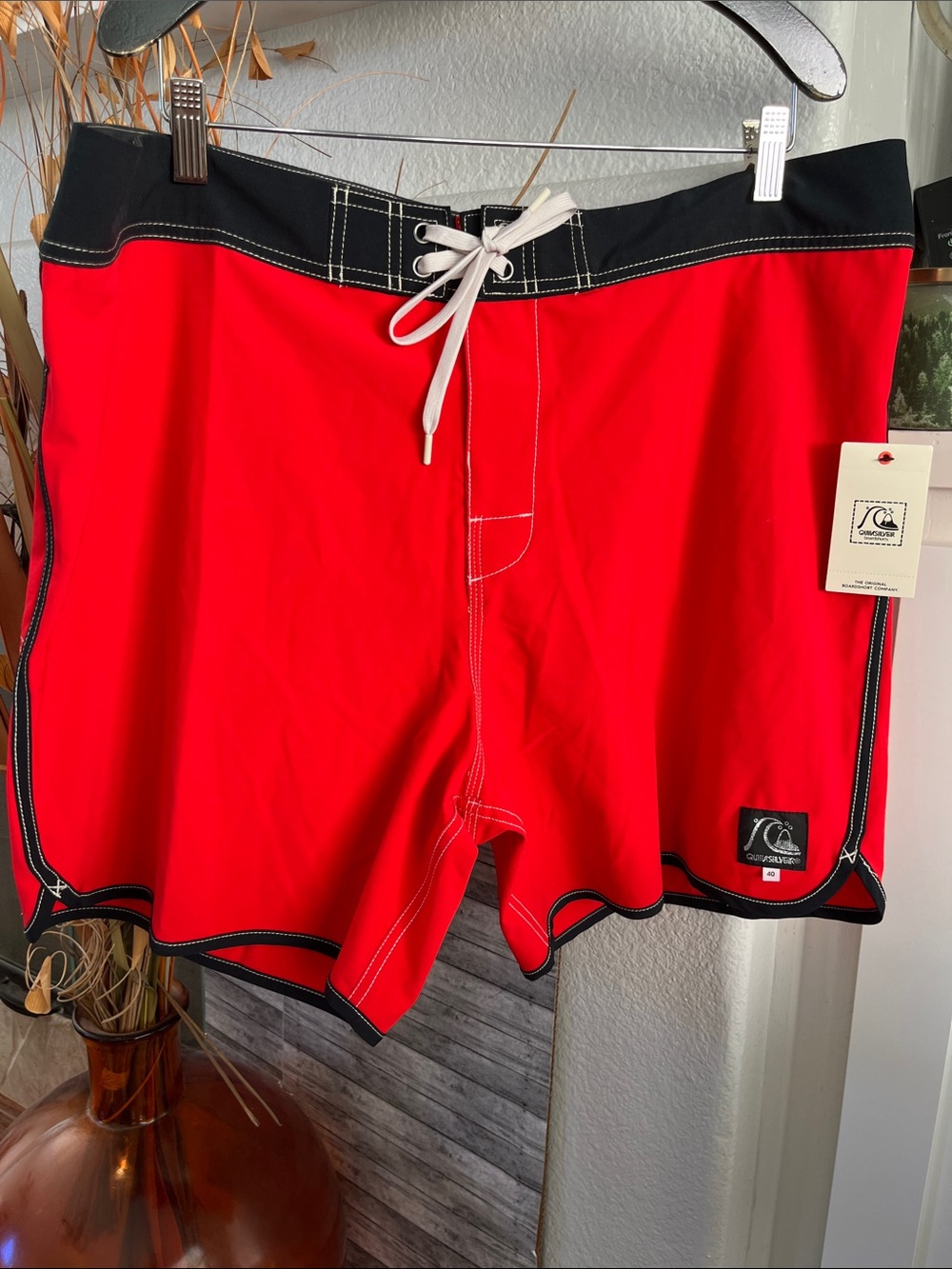 Quiksilver Red and Black Boardshorts with White Drawstring